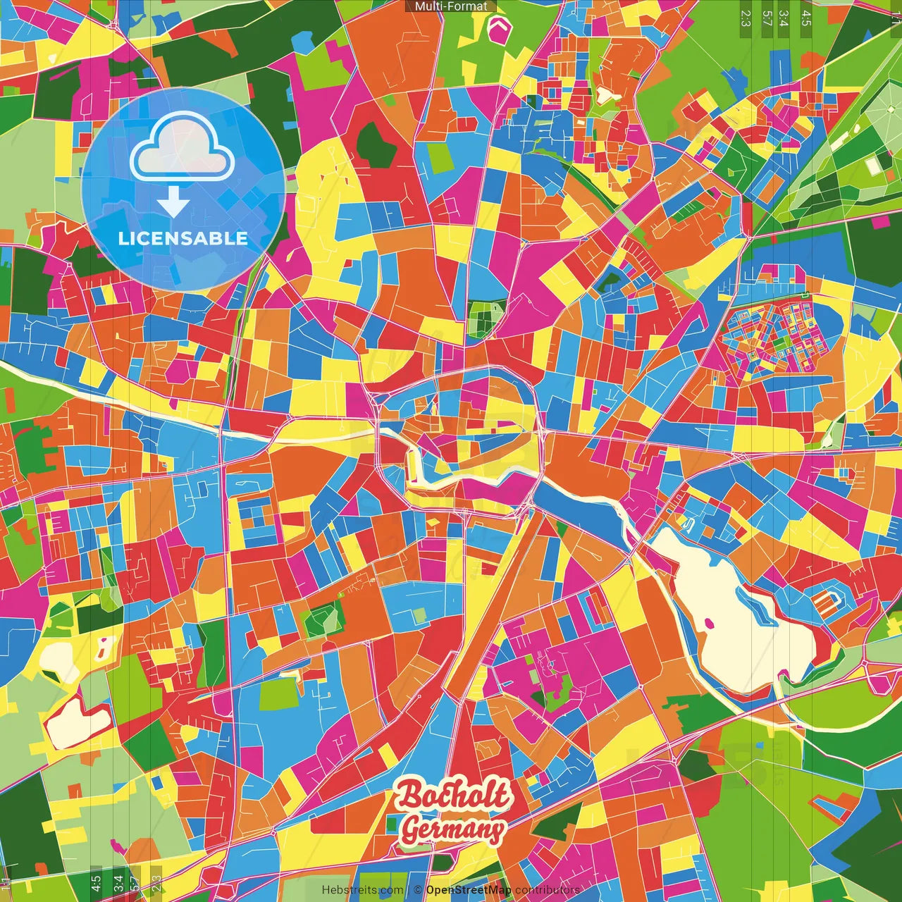 Bocholt, North Rhine-Westphalia, Germany Crazy Colorful Street Map Poster Template