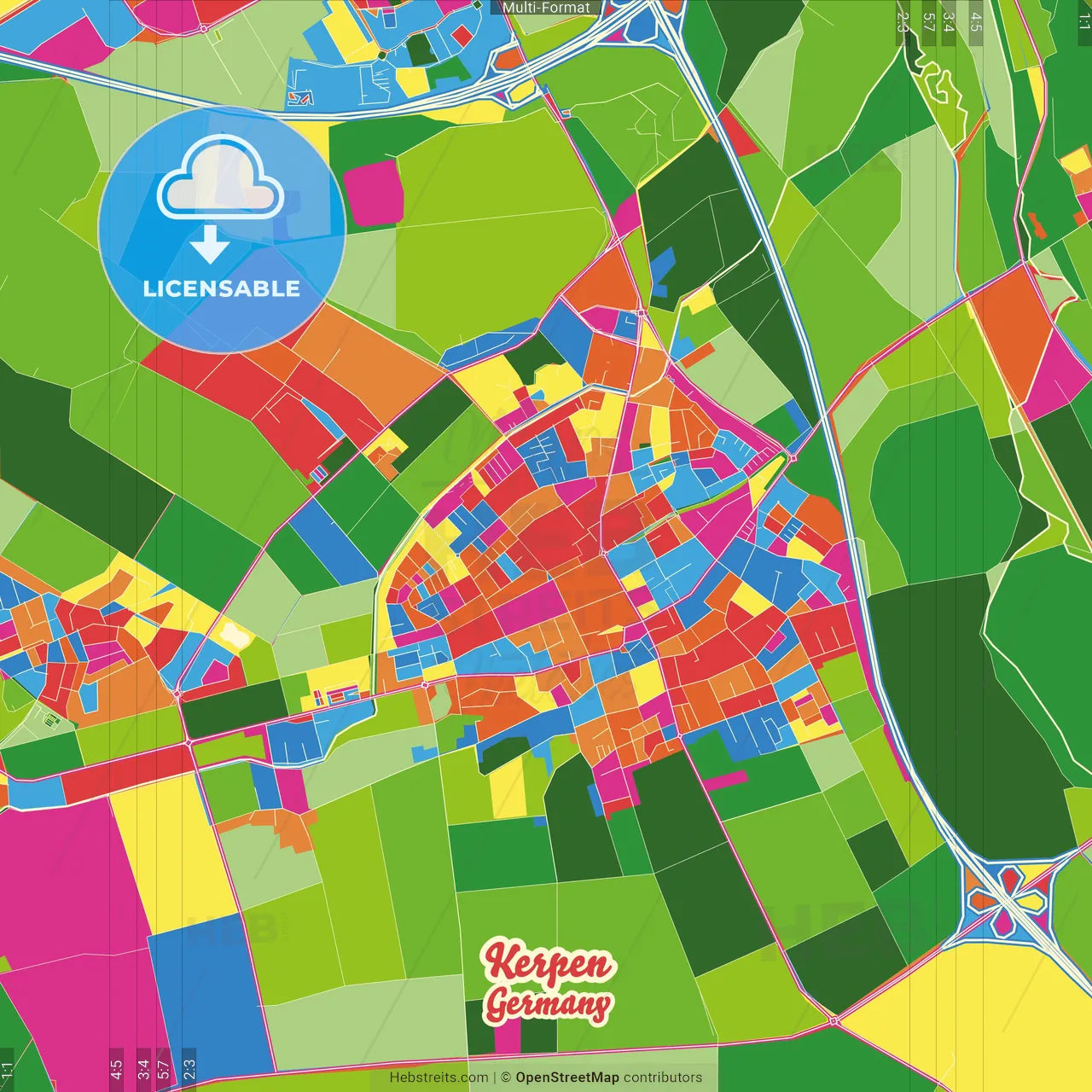 Kerpen, North Rhine-Westphalia, Germany Crazy Colorful Street Map Poster Template