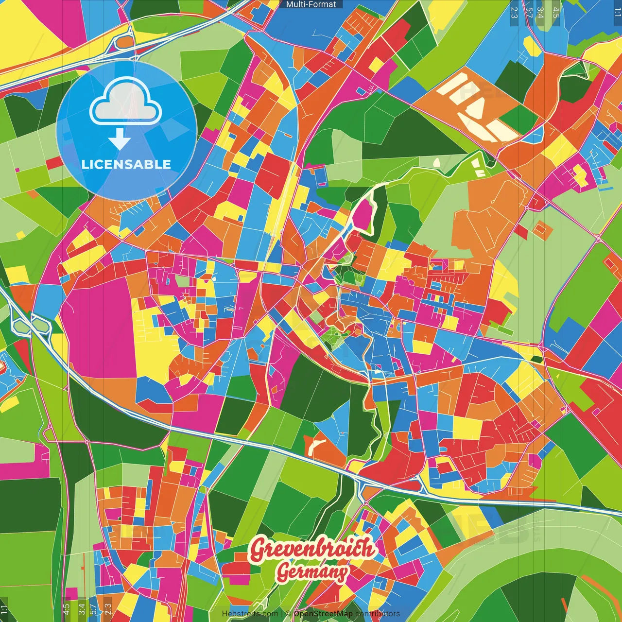 Grevenbroich, North Rhine-Westphalia, Germany Crazy Colorful Street Map Poster Template
