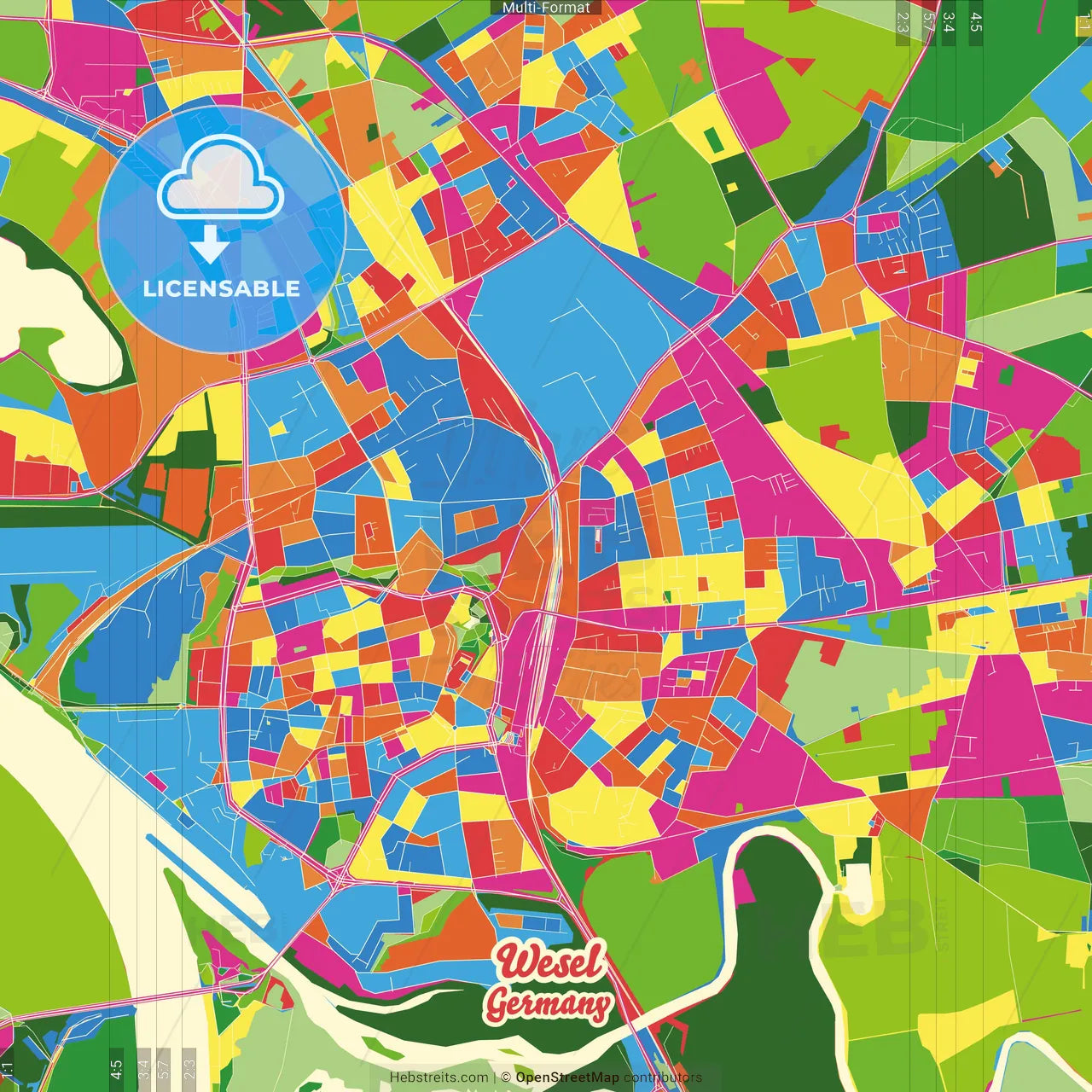 Wesel, North Rhine-Westphalia, Germany Crazy Colorful Street Map Poster Template
