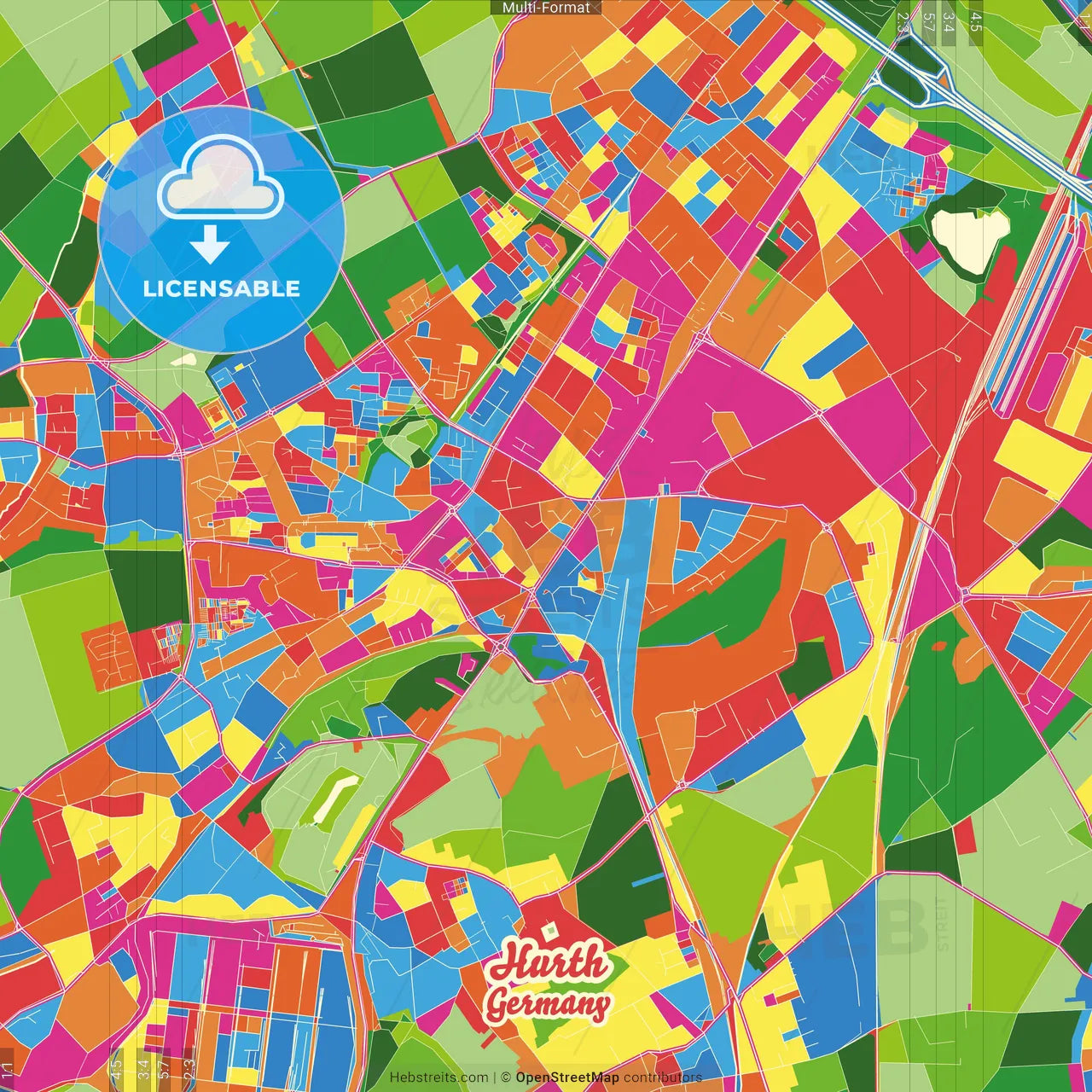 Hurth, North Rhine-Westphalia, Germany Crazy Colorful Street Map Poster Template