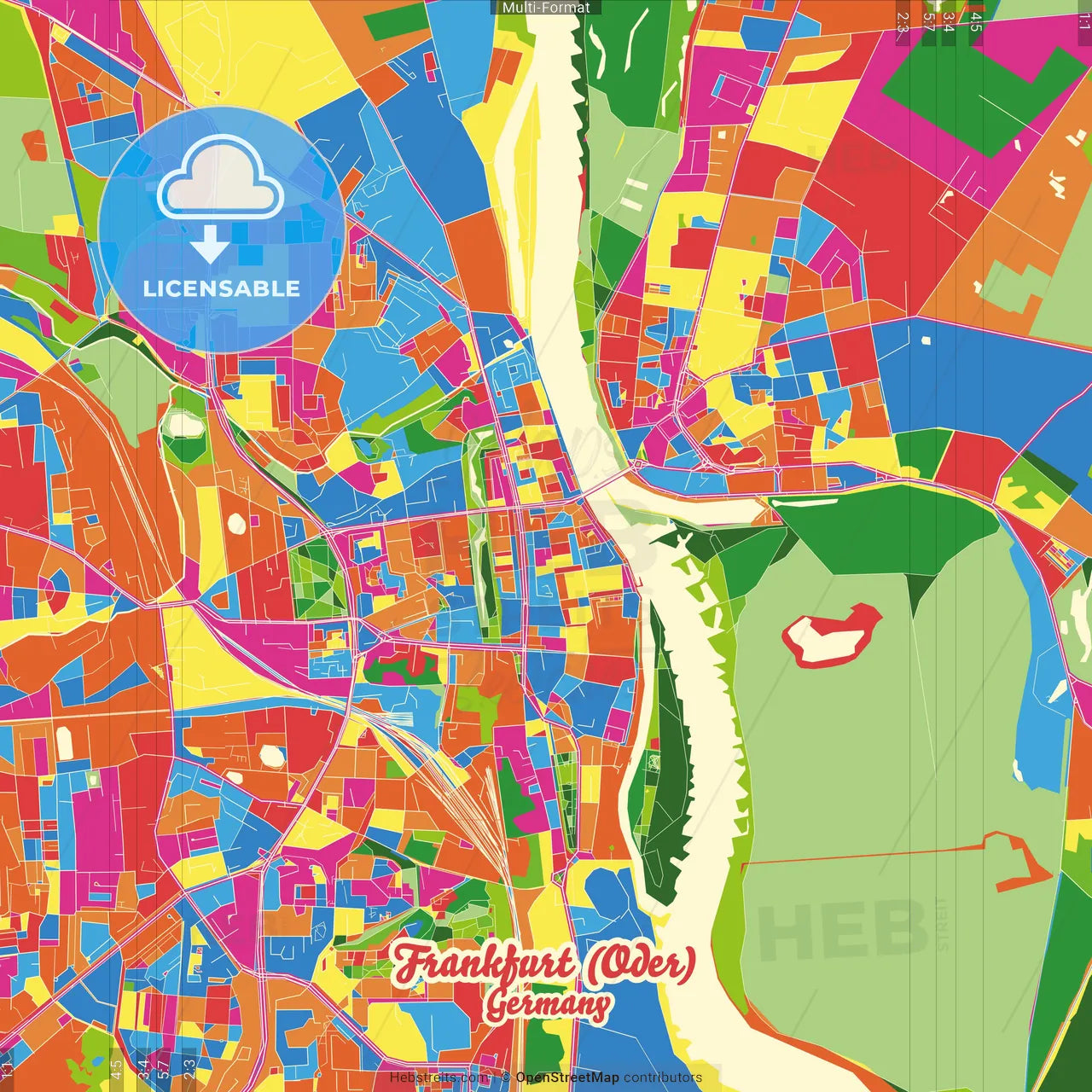 Frankfurt (Oder), Brandenburg, Germany Crazy Colorful Street Map Poster Template