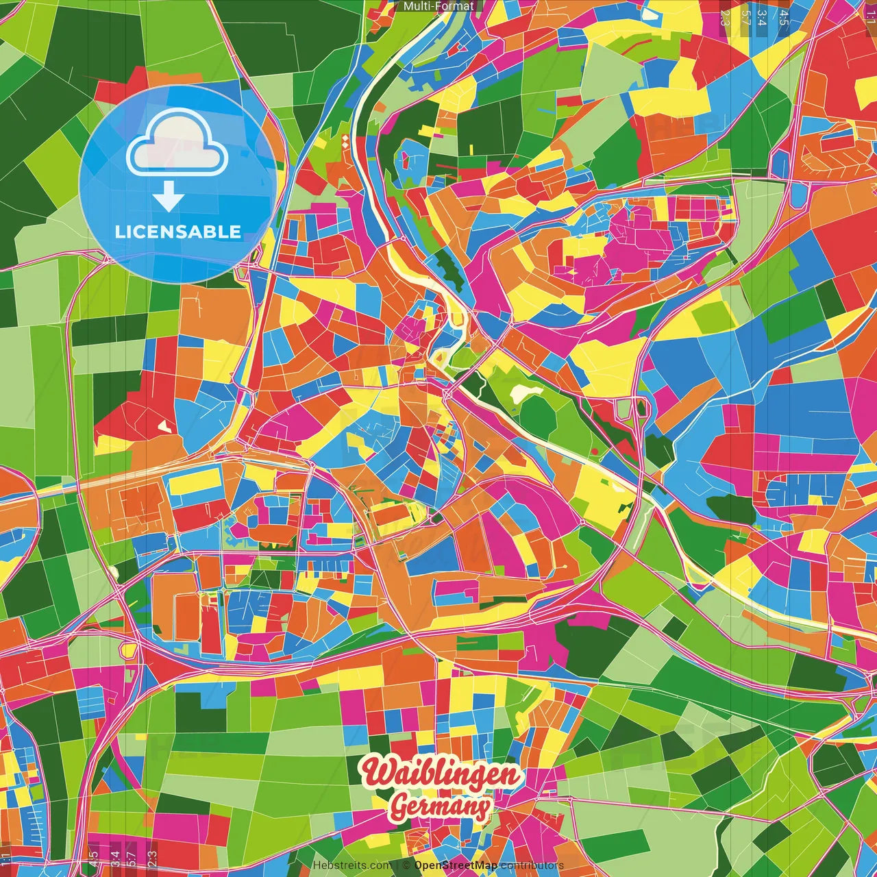 Waiblingen, Baden-Wuerttemberg, Germany Crazy Colorful Street Map Poster Template