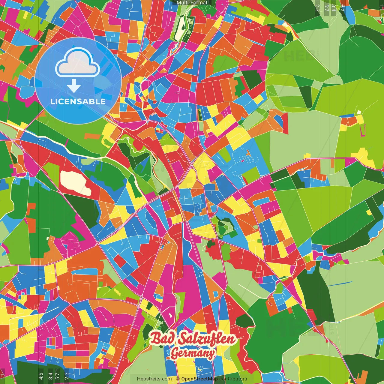 Bad Salzuflen, North Rhine-Westphalia, Germany Crazy Colorful Street Map Poster Template