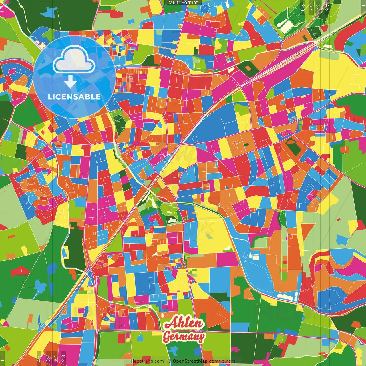 Ahlen, North Rhine-Westphalia, Germany Crazy Colorful Street Map Poster Template