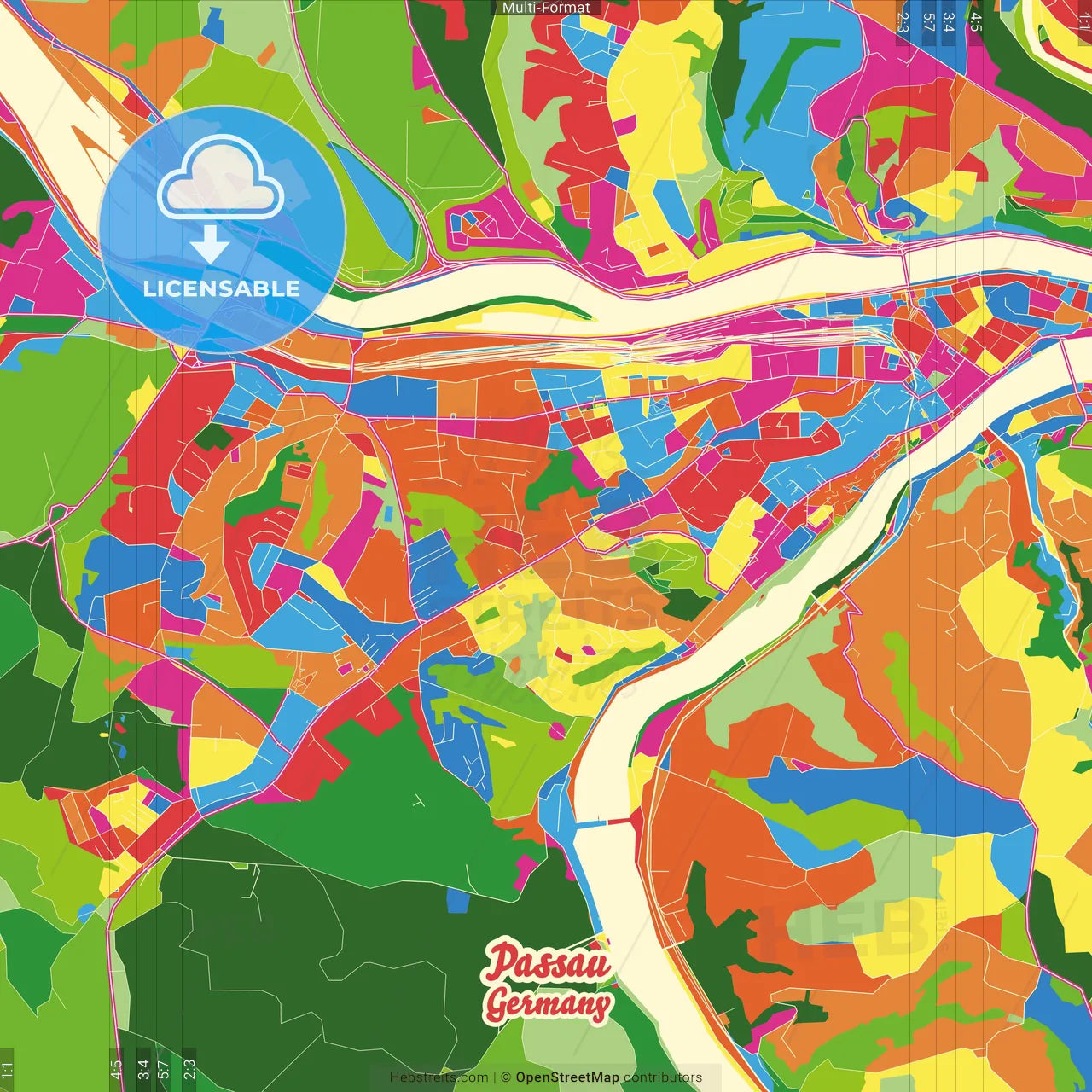 Passau, Bavaria, Germany Crazy Colorful Street Map Poster Template