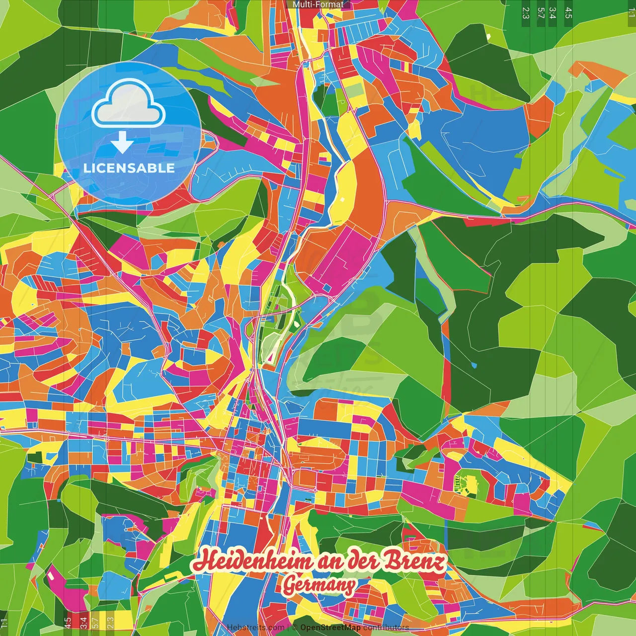 Heidenheim an der Brenz, Baden-Wuerttemberg, Germany Crazy Colorful Street Map Poster Template
