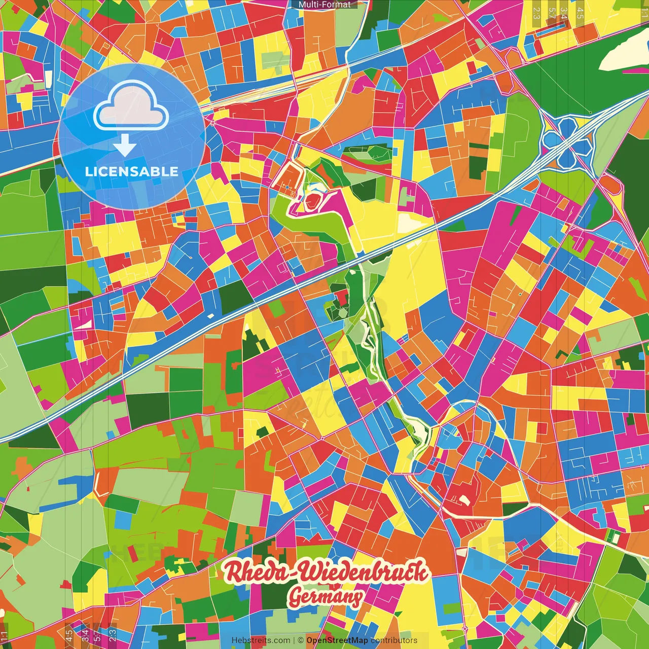 Rheda-Wiedenbruck, North Rhine-Westphalia, Germany Crazy Colorful Street Map Poster Template