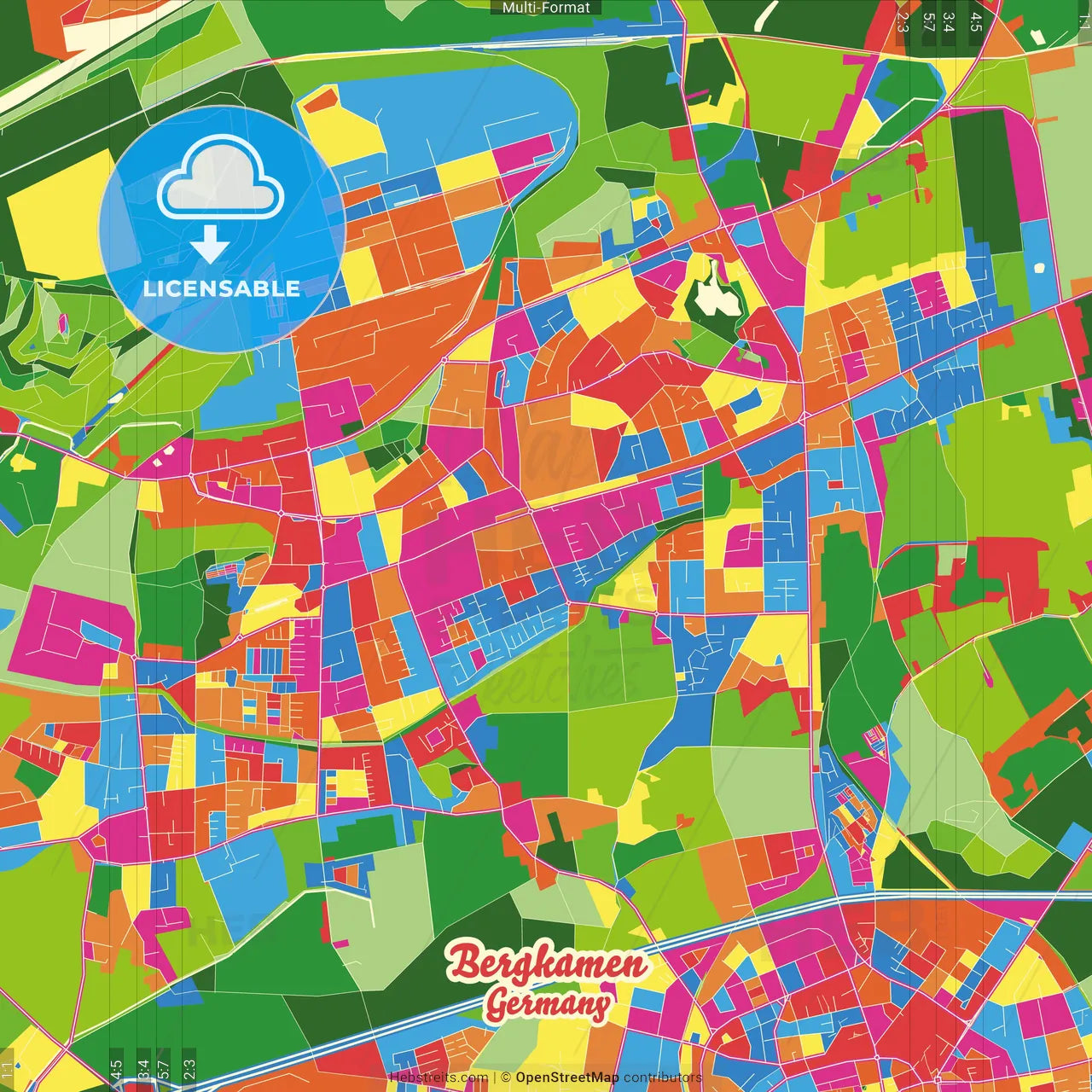 Bergkamen, North Rhine-Westphalia, Germany Crazy Colorful Street Map Poster Template