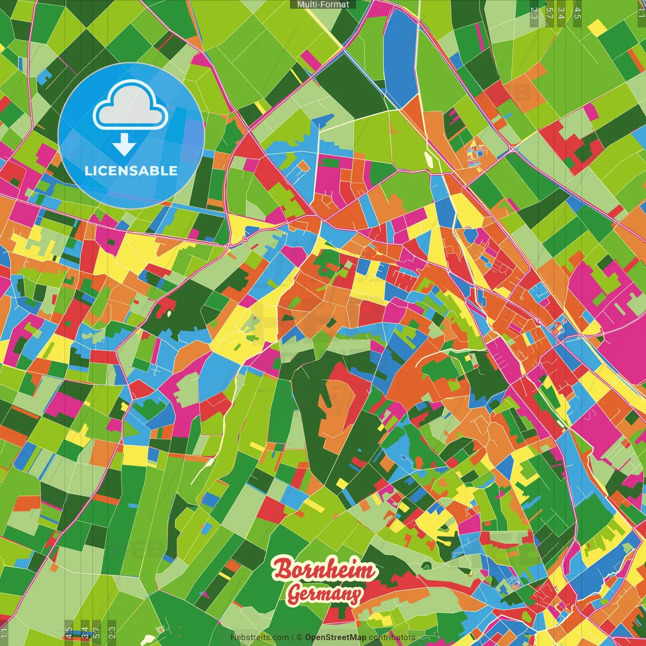 Bornheim, North Rhine-Westphalia, Germany Crazy Colorful Street Map Poster Template