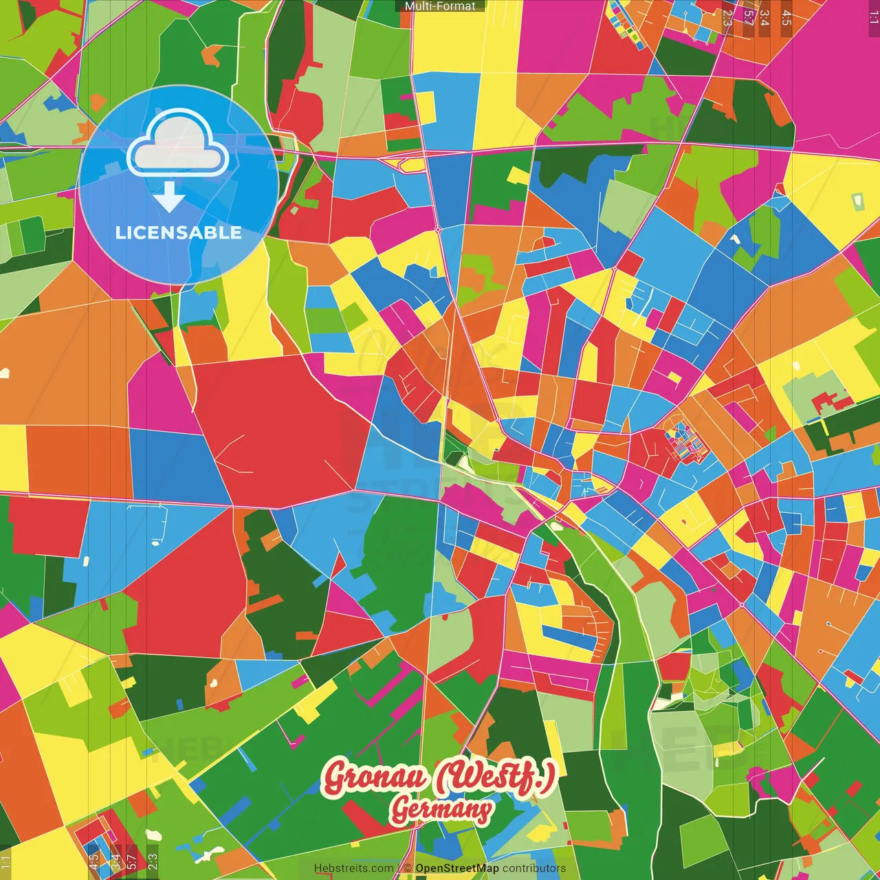 Gronau (Westf.), North Rhine-Westphalia, Germany Crazy Colorful Street Map Poster Template