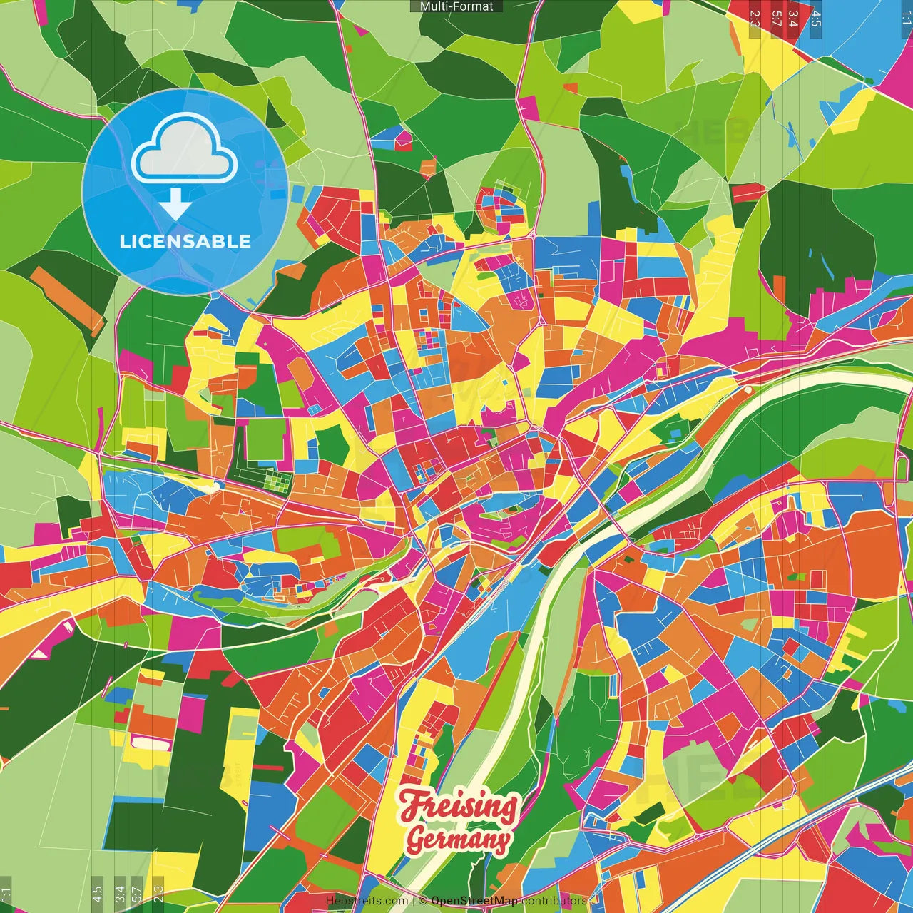 Freising, Bavaria, Germany Crazy Colorful Street Map Poster Template