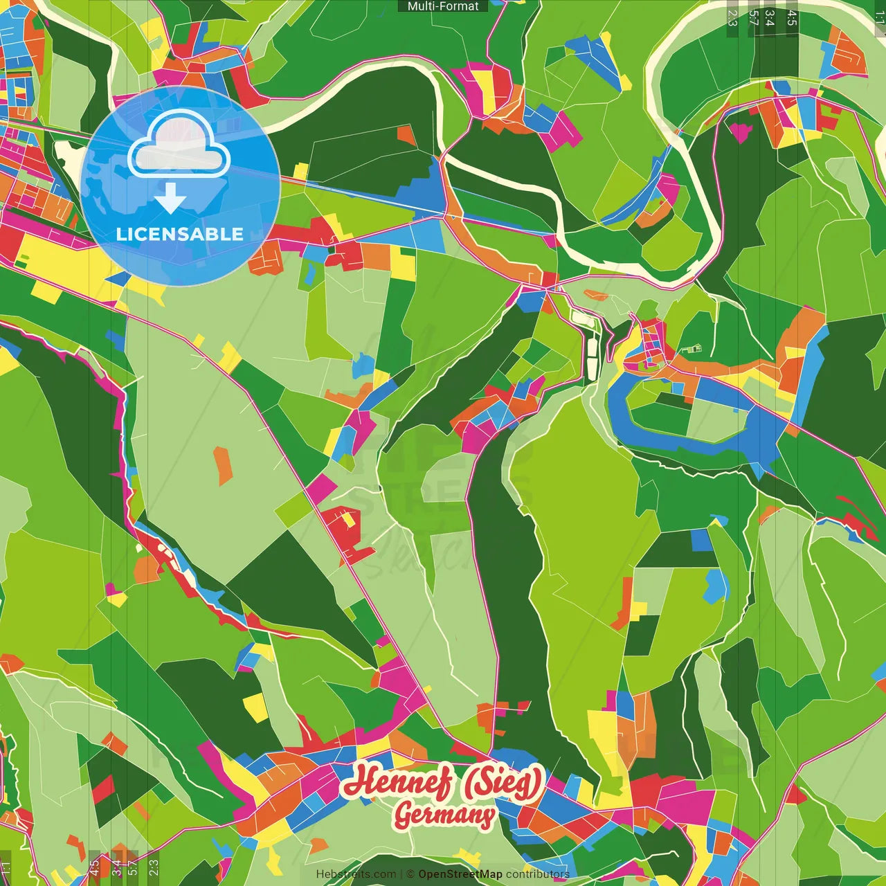 Hennef (Sieg), North Rhine-Westphalia, Germany Crazy Colorful Street Map Poster Template