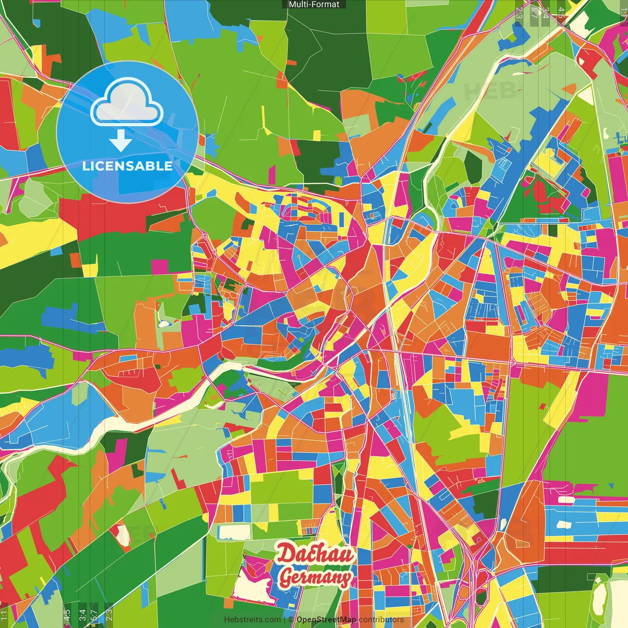 Dachau, Bavaria, Germany Crazy Colorful Street Map Poster Template