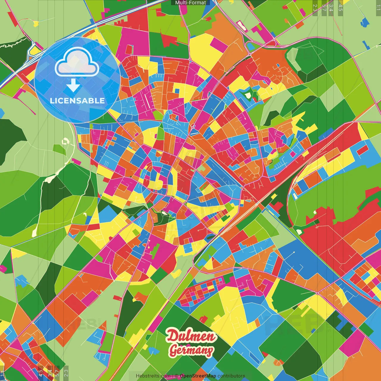Dulmen, North Rhine-Westphalia, Germany Crazy Colorful Street Map Poster Template