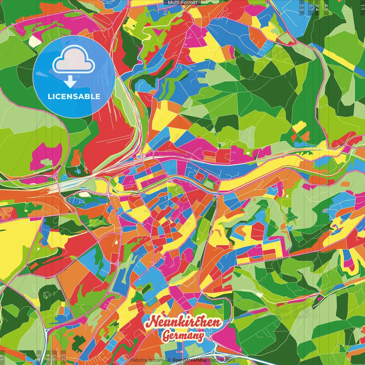 Neunkirchen, Saarland, Germany Crazy Colorful Street Map Poster Template