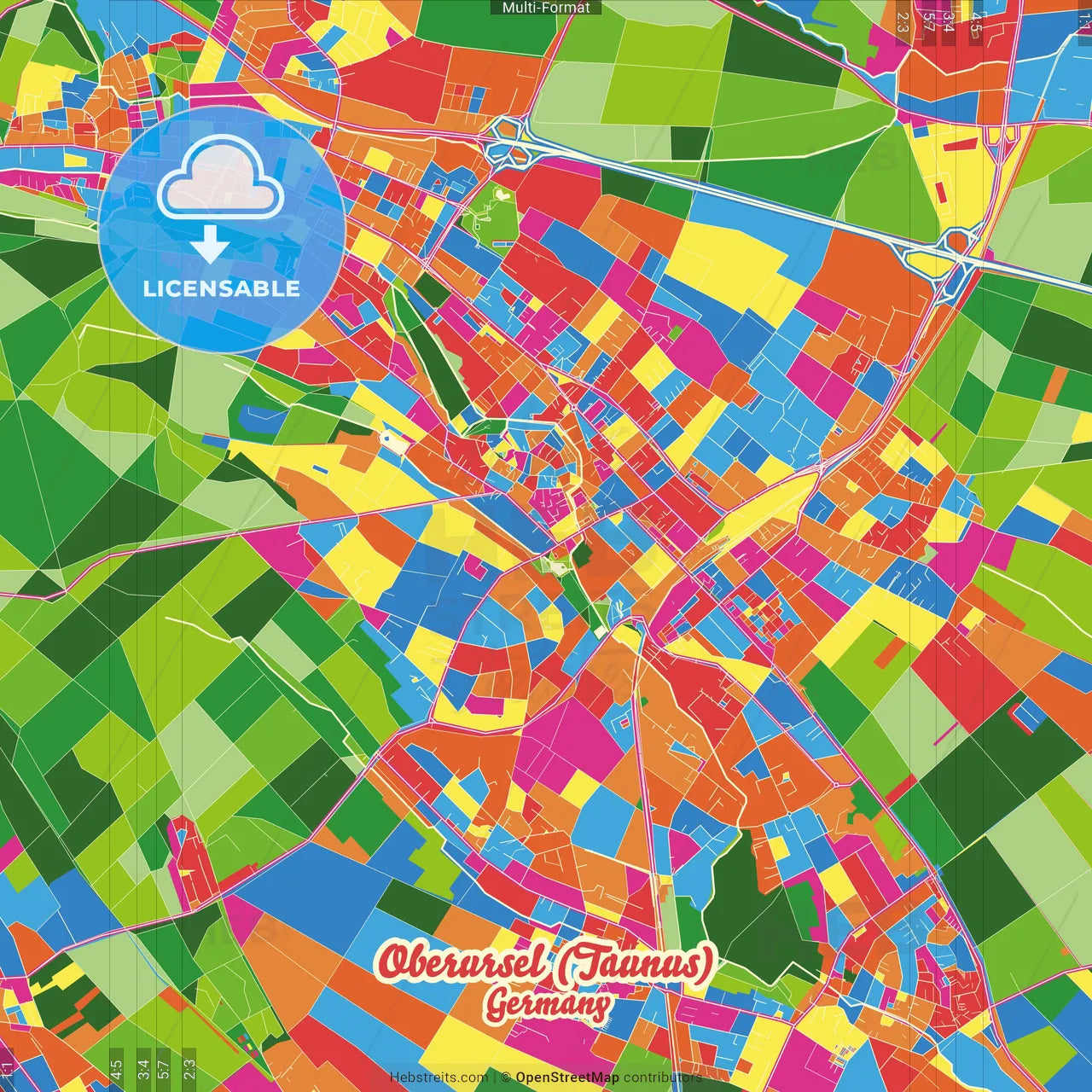 Oberursel (Taunus), Hesse, Germany Crazy Colorful Street Map Poster Template