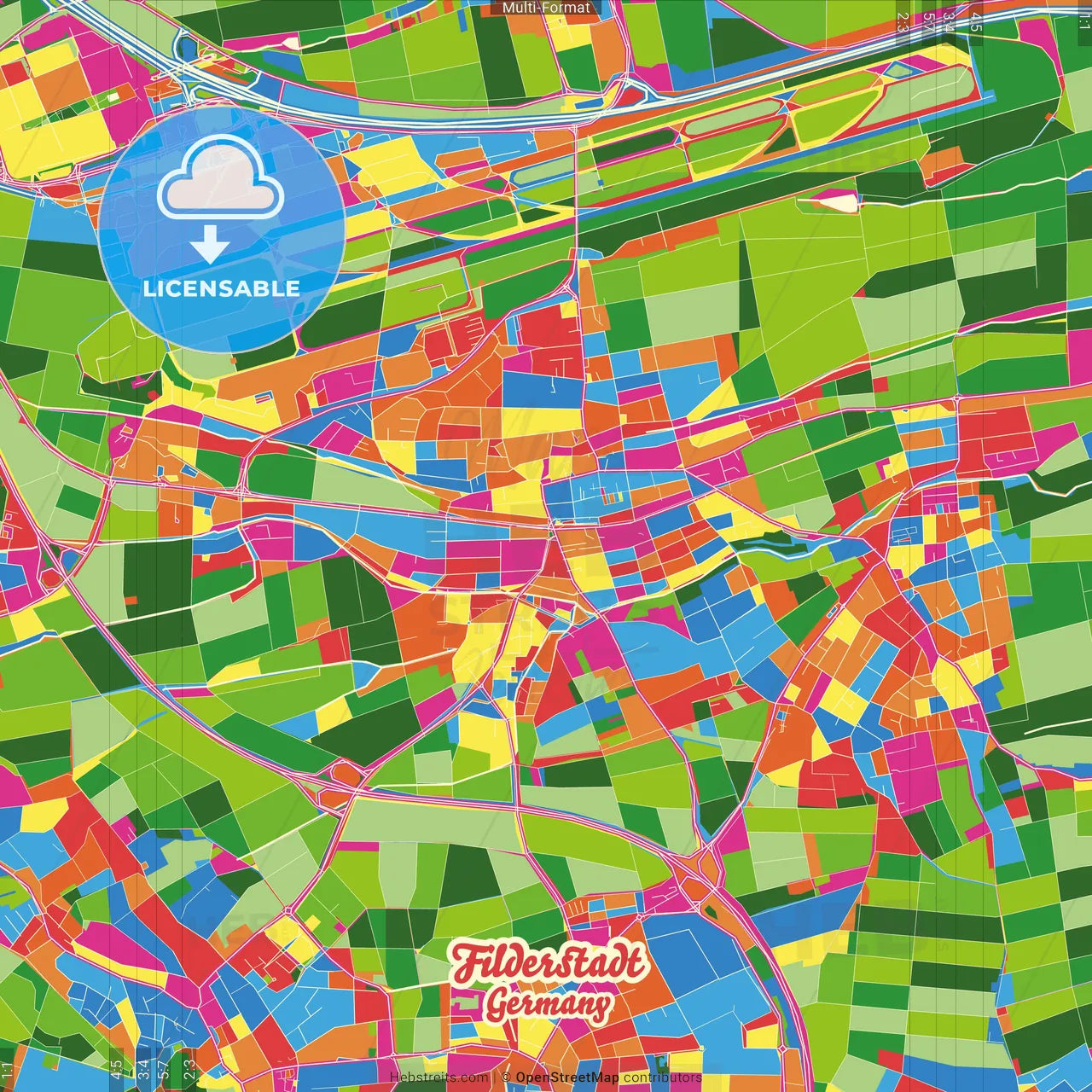 Filderstadt, Baden-Wuerttemberg, Germany Crazy Colorful Street Map Poster Template