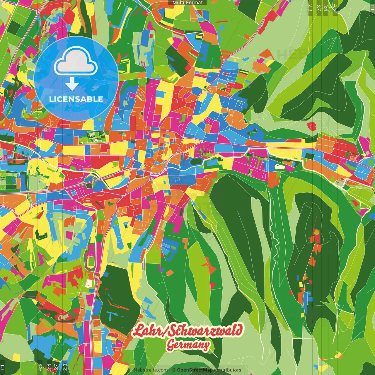 Lahr/Schwarzwald, Baden-Wuerttemberg, Germany Crazy Colorful Street Map Poster Template