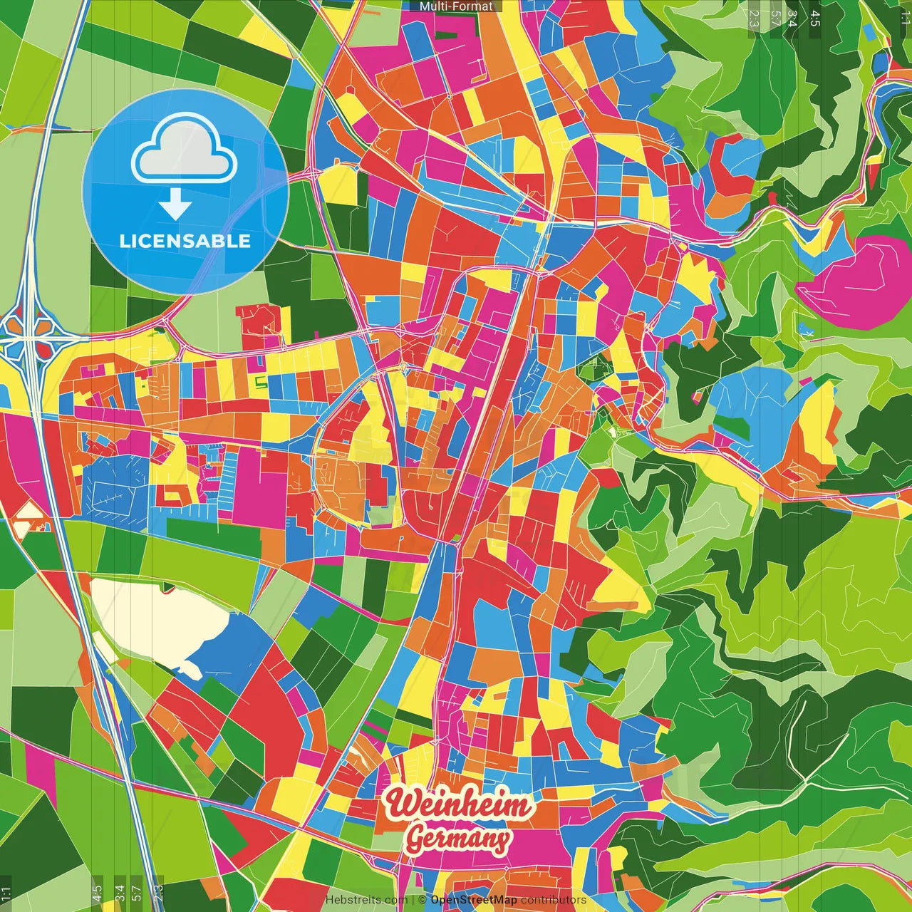 Weinheim, Baden-Wuerttemberg, Germany Crazy Colorful Street Map Poster Template