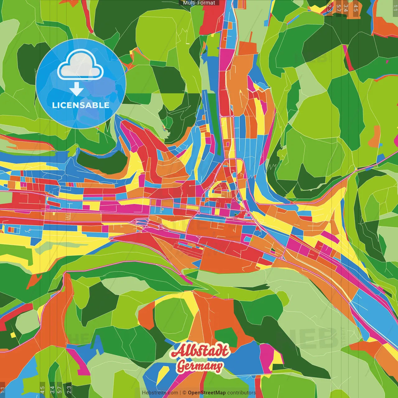 Albstadt, Baden-Wuerttemberg, Germany Crazy Colorful Street Map Poster Template