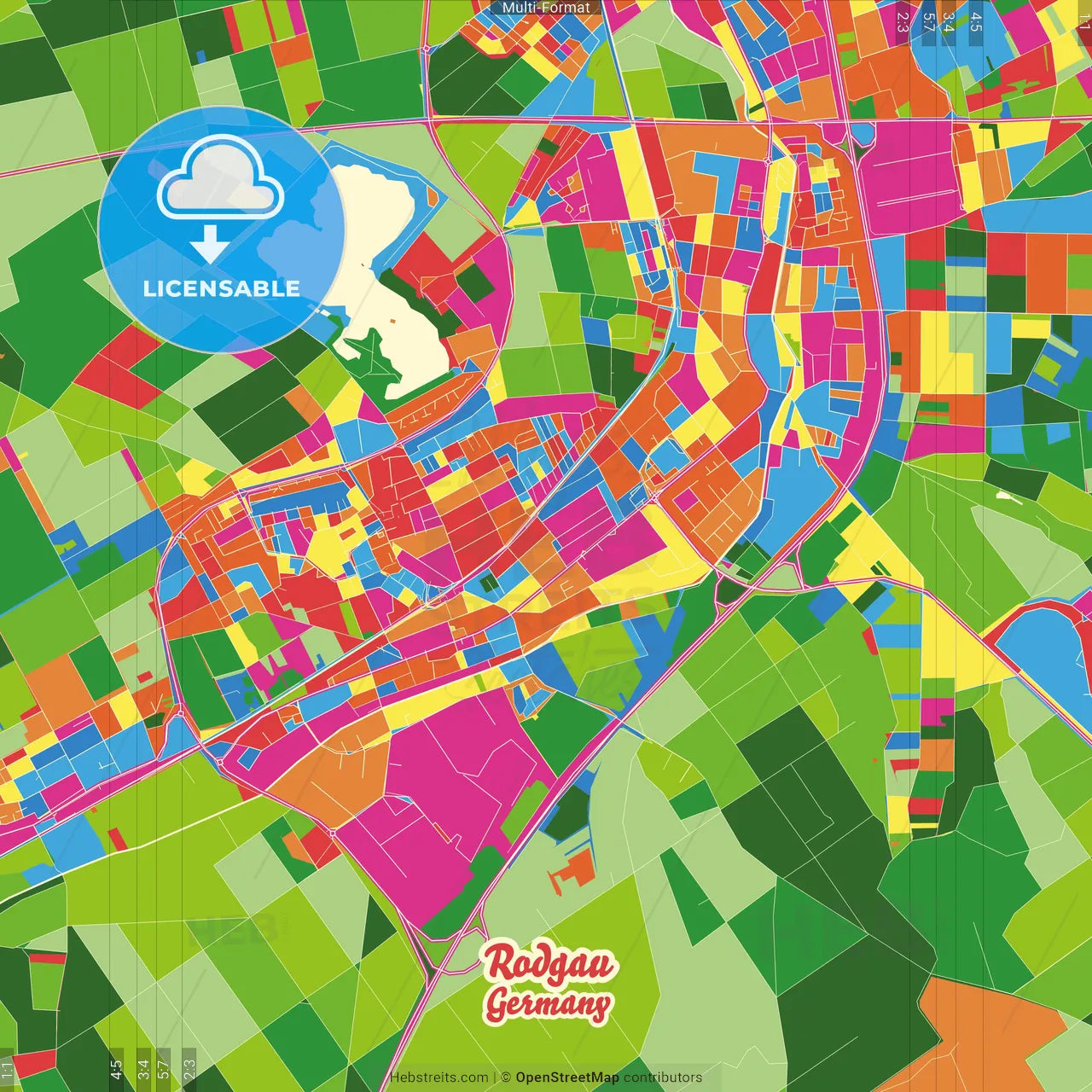 Rodgau, Hesse, Germany Crazy Colorful Street Map Poster Template