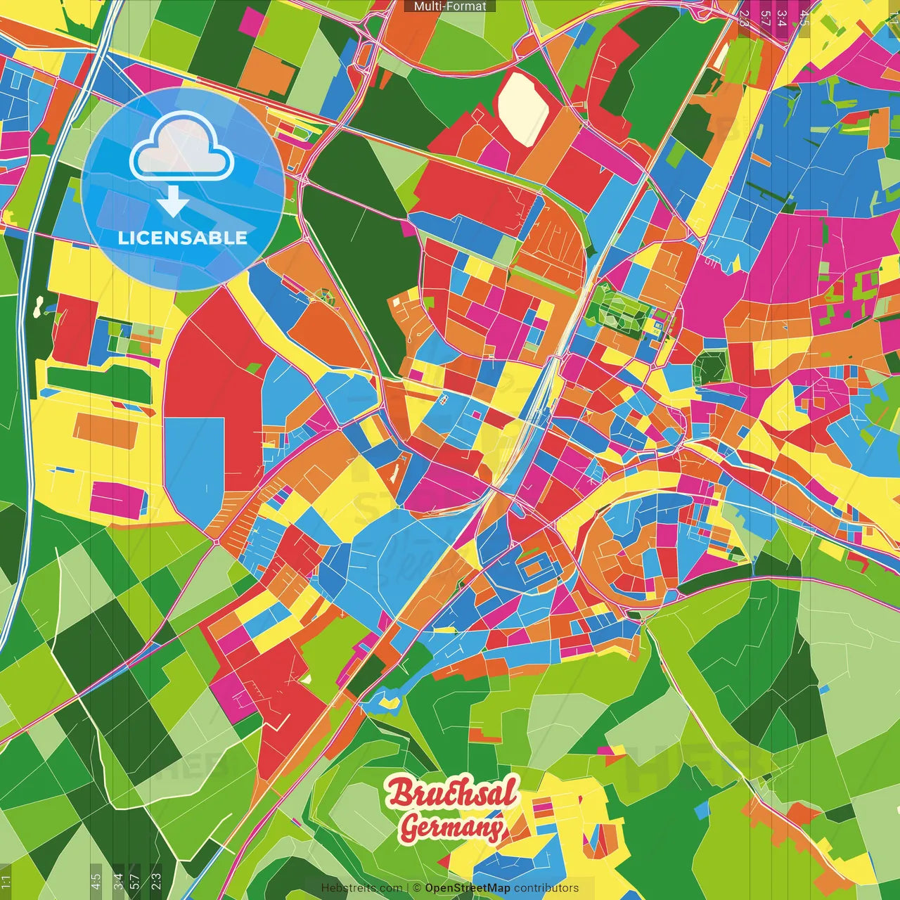 Bruchsal, Baden-Wuerttemberg, Germany Crazy Colorful Street Map Poster Template