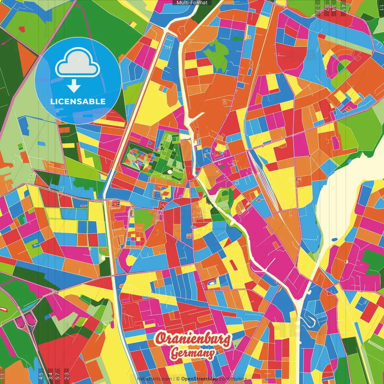 Oranienburg, Brandenburg, Germany Crazy Colorful Street Map Poster Template
