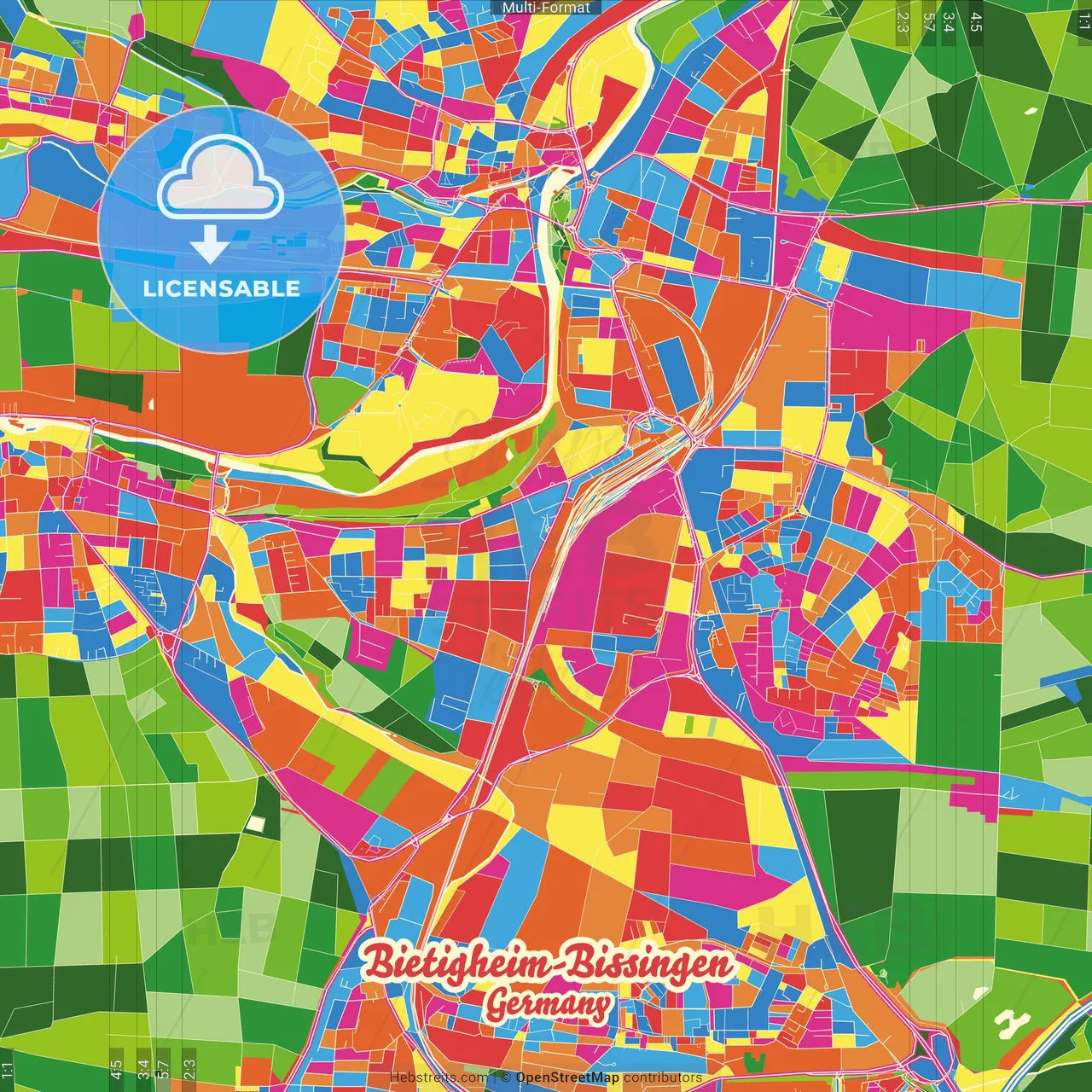 Bietigheim-Bissingen, Baden-Wuerttemberg, Germany Crazy Colorful Street Map Poster Template