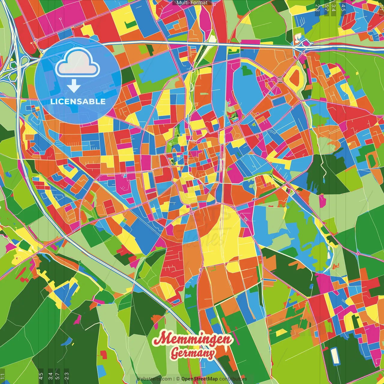Memmingen, Bavaria, Germany Crazy Colorful Street Map Poster Template