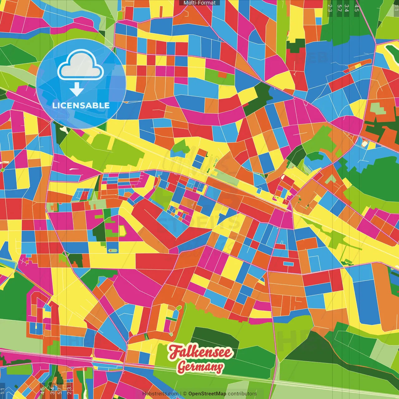 Falkensee, Brandenburg, Germany Crazy Colorful Street Map Poster Template