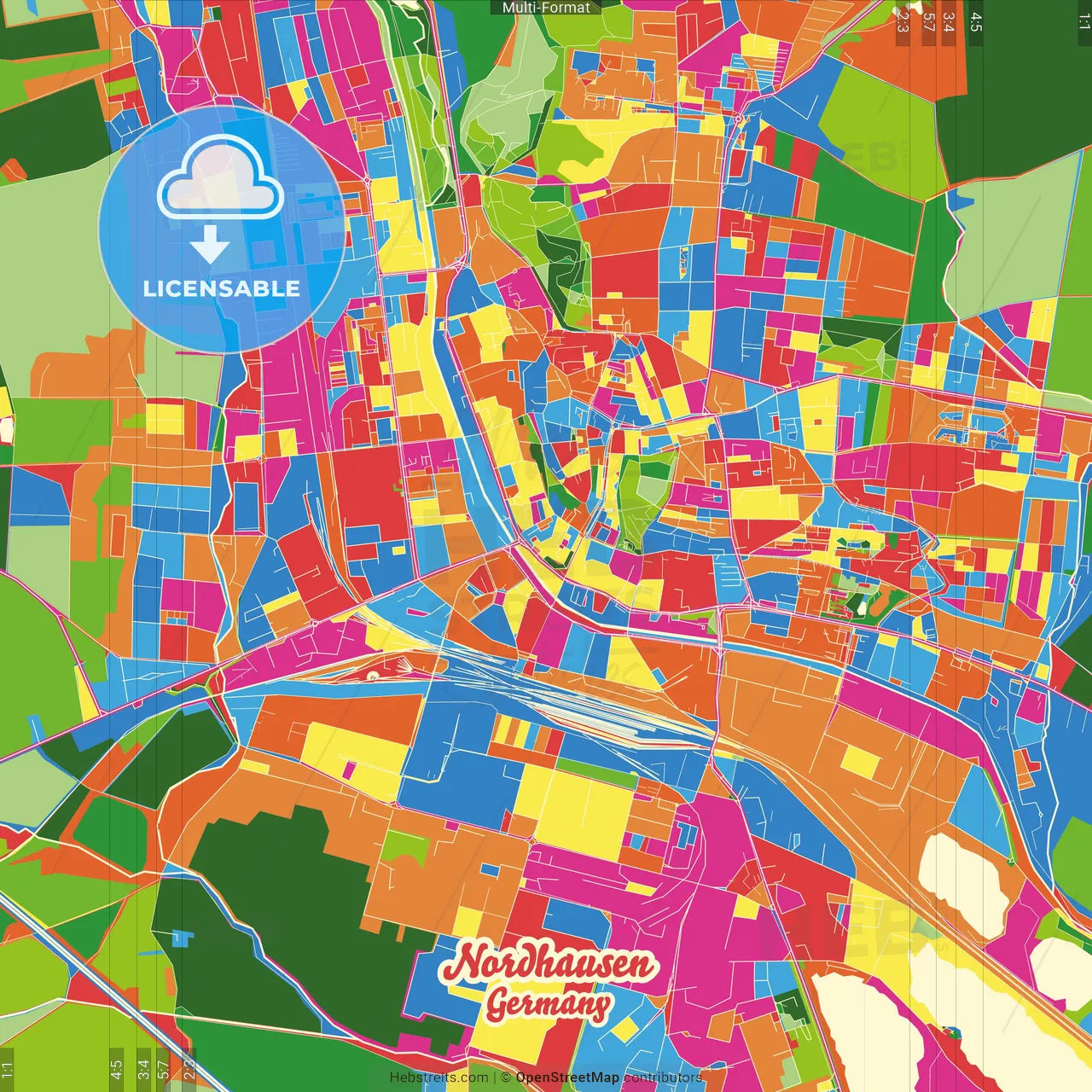 Nordhausen, Thuringia, Germany Crazy Colorful Street Map Poster Template