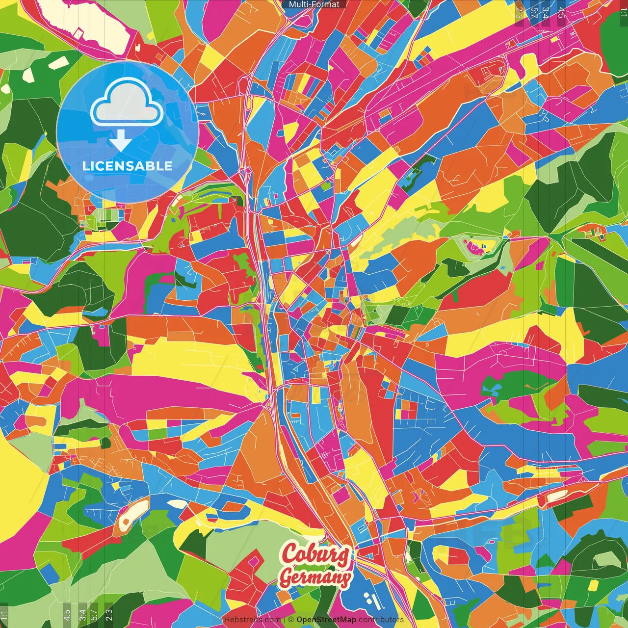 Coburg, Bavaria, Germany Crazy Colorful Street Map Poster Template