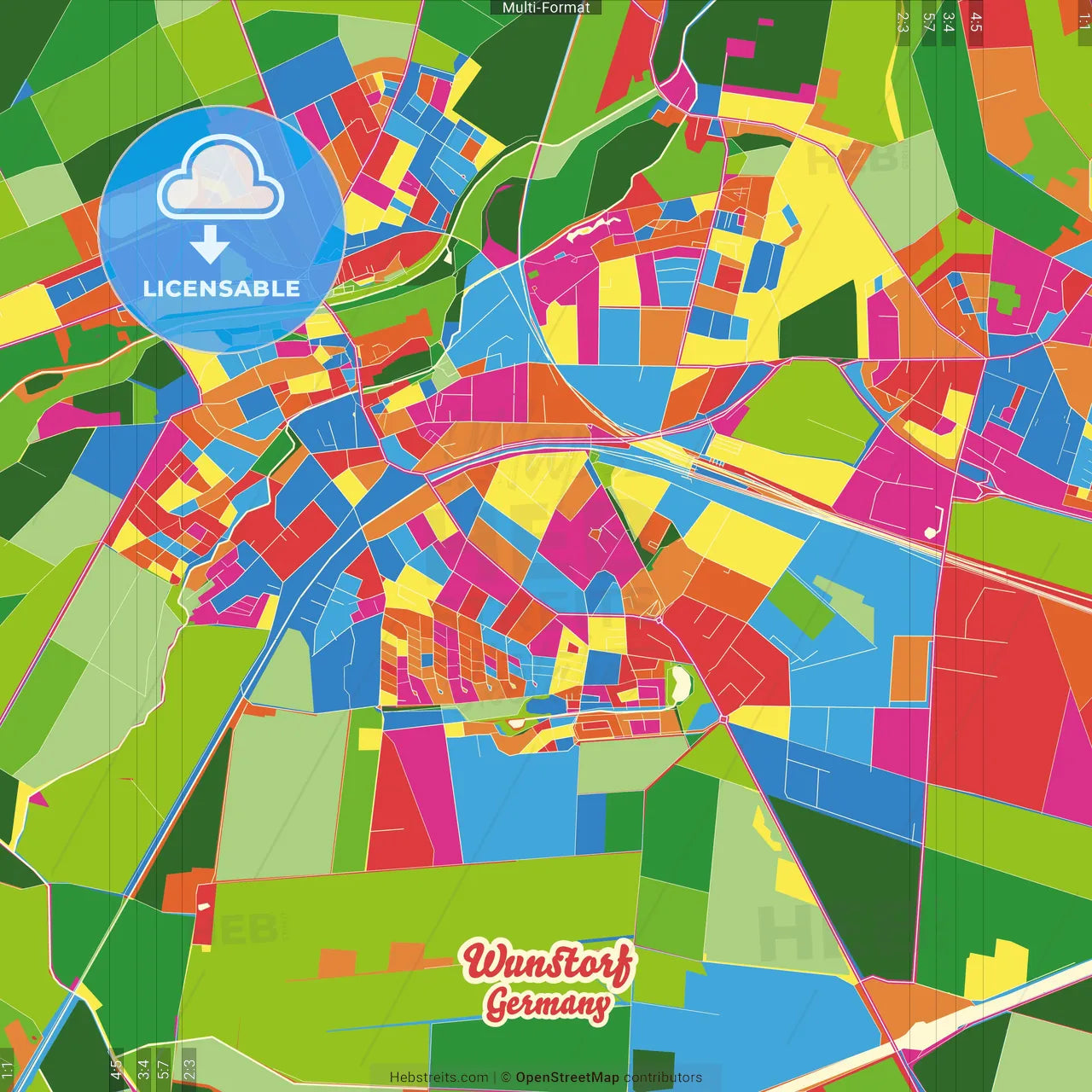 Wunstorf, Lower Saxony, Germany Crazy Colorful Street Map Poster Template
