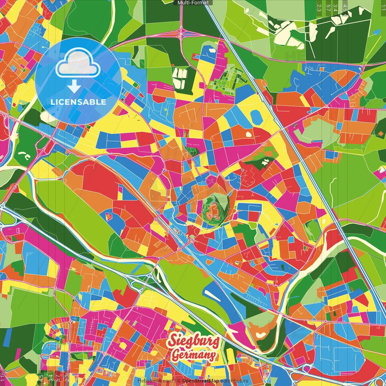 Siegburg, North Rhine-Westphalia, Germany Crazy Colorful Street Map Poster Template