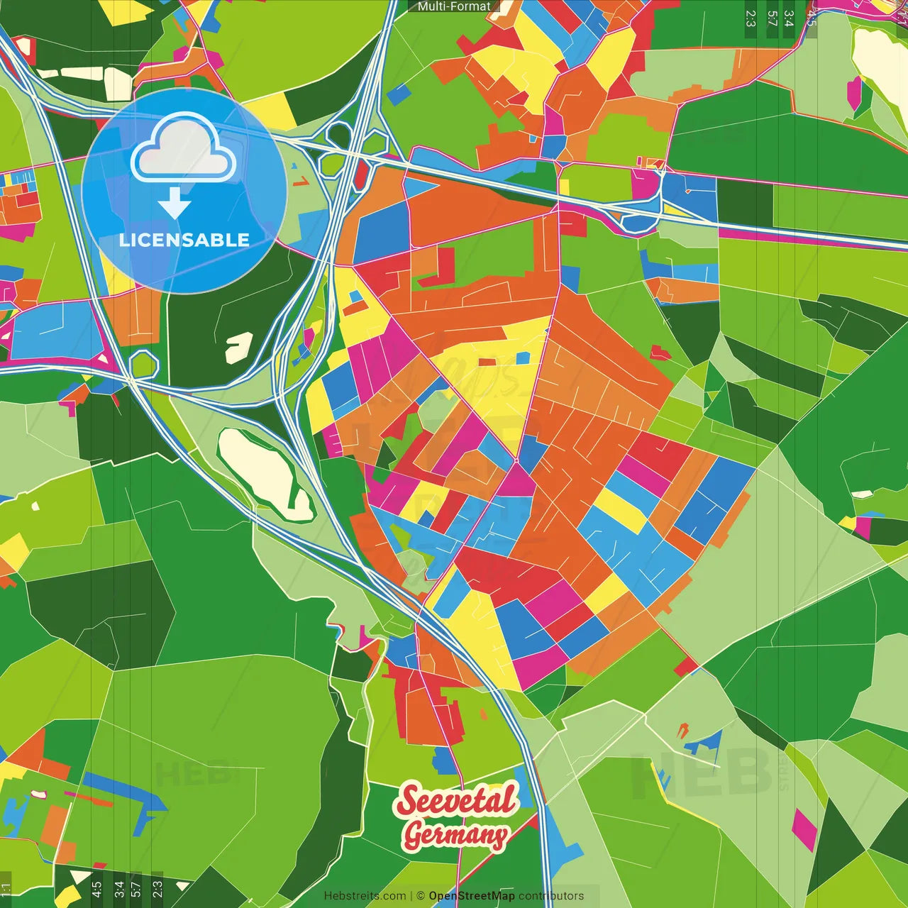 Seevetal, Lower Saxony, Germany Crazy Colorful Street Map Poster Template