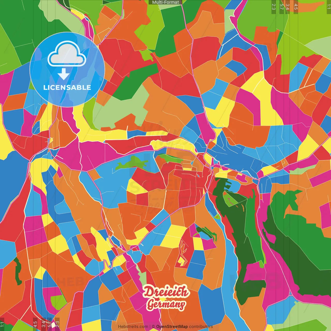 Dreieich, Hesse, Germany Crazy Colorful Street Map Poster Template