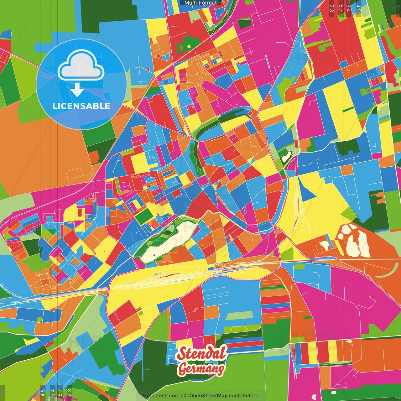Stendal, Saxony-Anhalt, Germany Crazy Colorful Street Map Poster Template