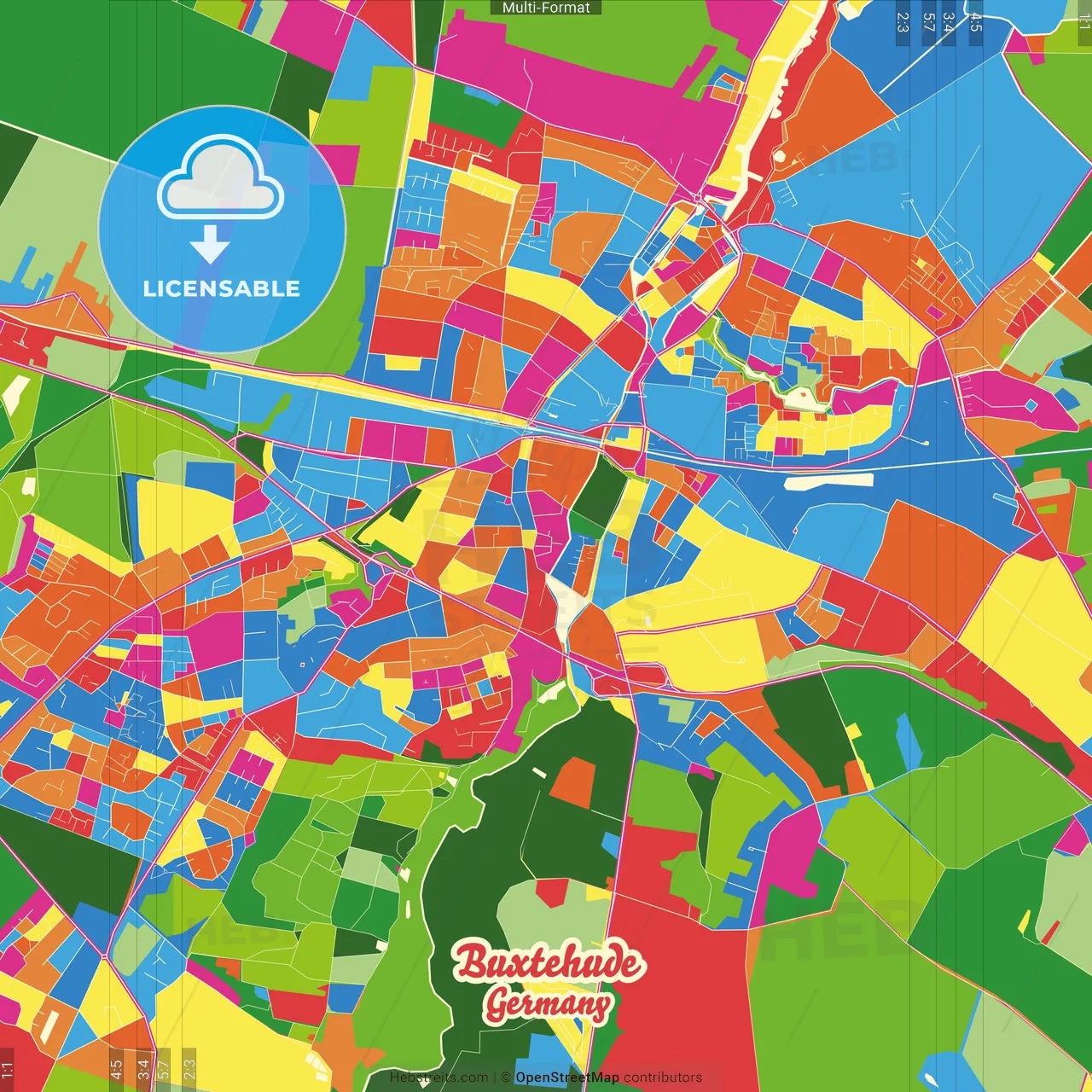 Buxtehude, Lower Saxony, Germany Crazy Colorful Street Map Poster Template