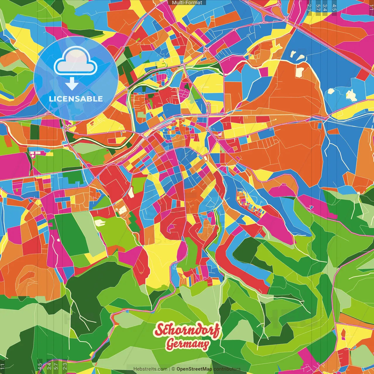 Schorndorf, Baden-Wuerttemberg, Germany Crazy Colorful Street Map Poster Template