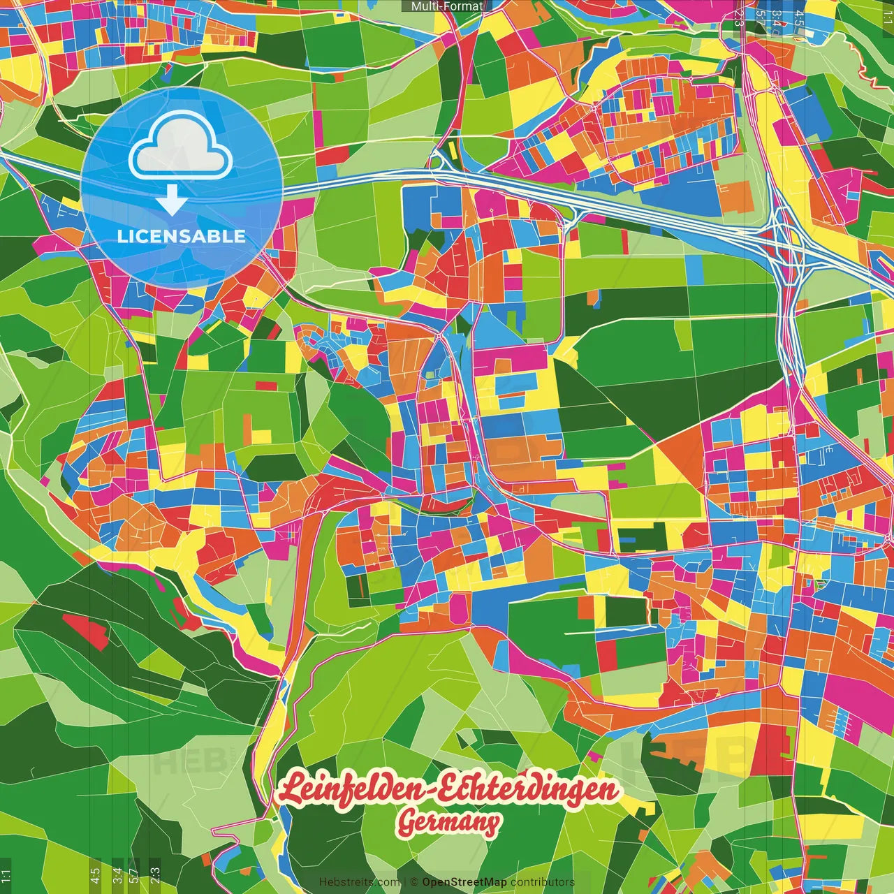 Leinfelden-Echterdingen, Baden-Wuerttemberg, Germany Crazy Colorful Street Map Poster Template