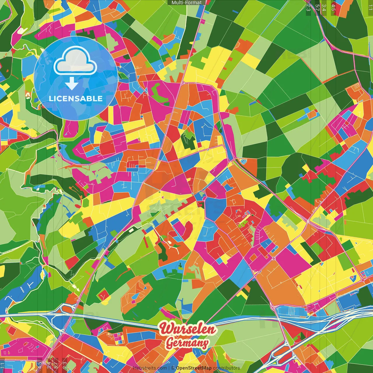 Wurselen, North Rhine-Westphalia, Germany Crazy Colorful Street Map Poster Template