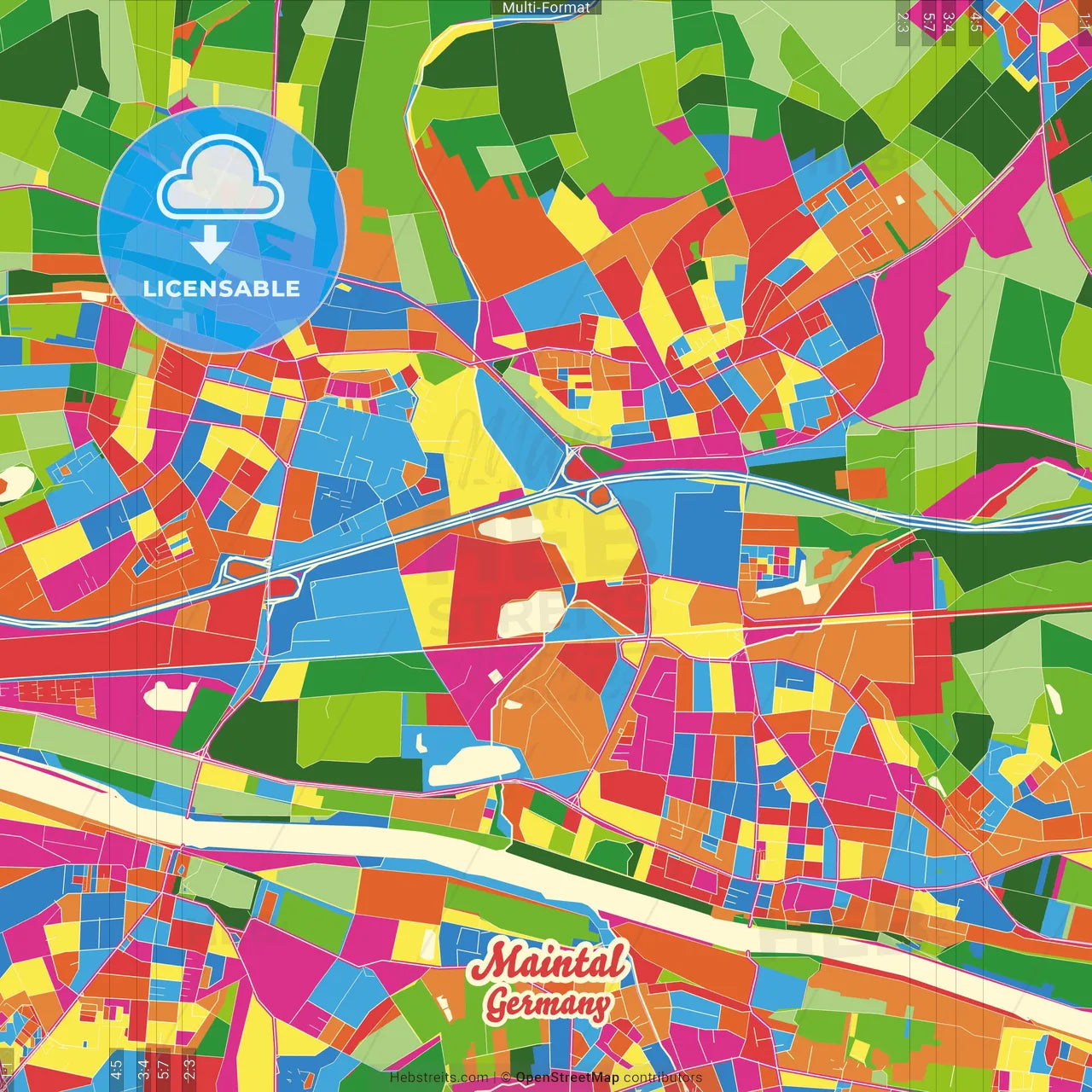 Maintal, Hesse, Germany Crazy Colorful Street Map Poster Template