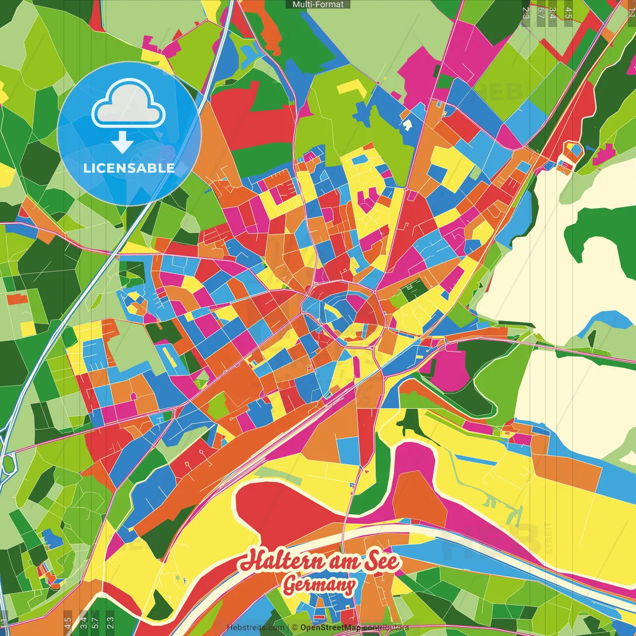 Haltern am See, North Rhine-Westphalia, Germany Crazy Colorful Street Map Poster Template