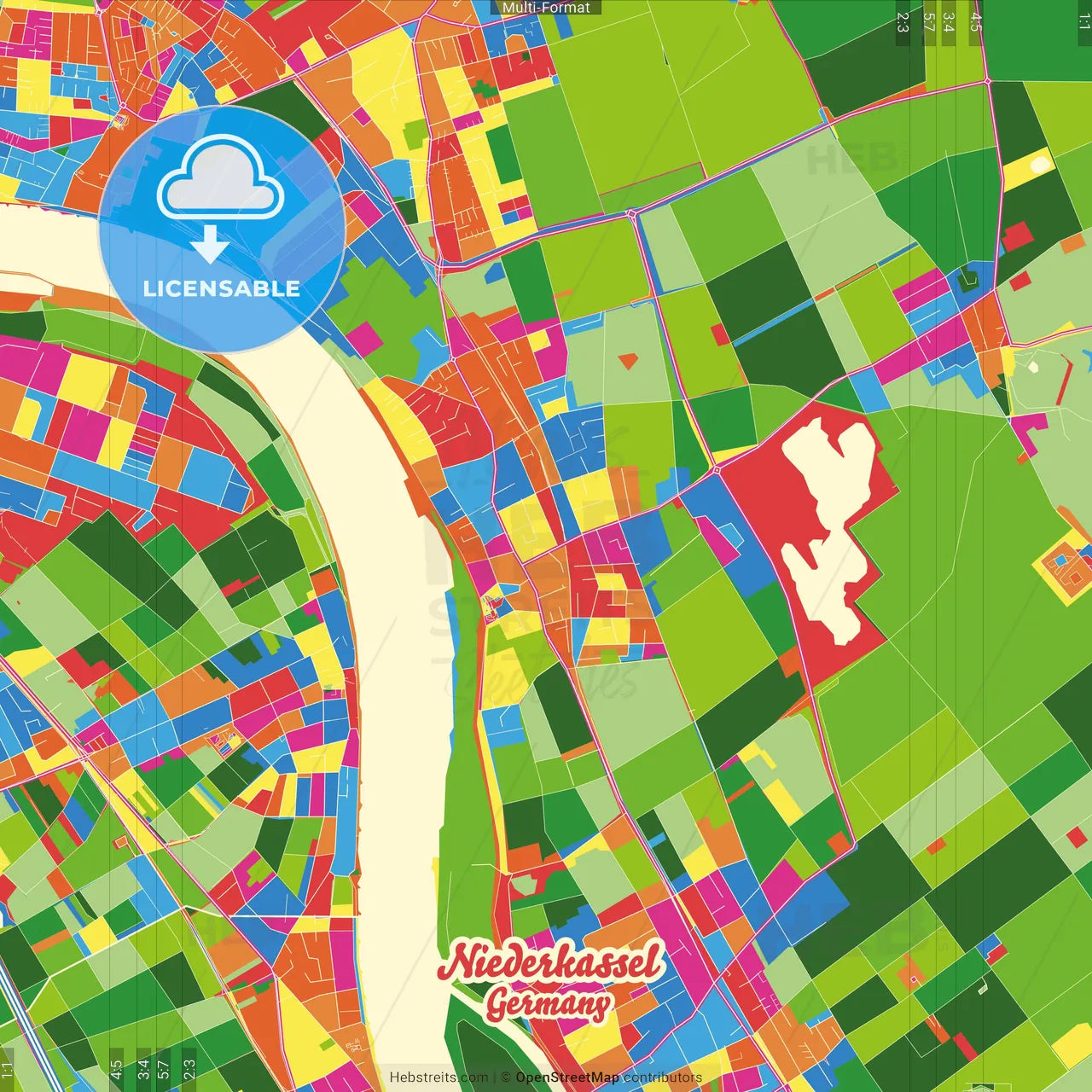 Niederkassel, North Rhine-Westphalia, Germany Crazy Colorful Street Map Poster Template