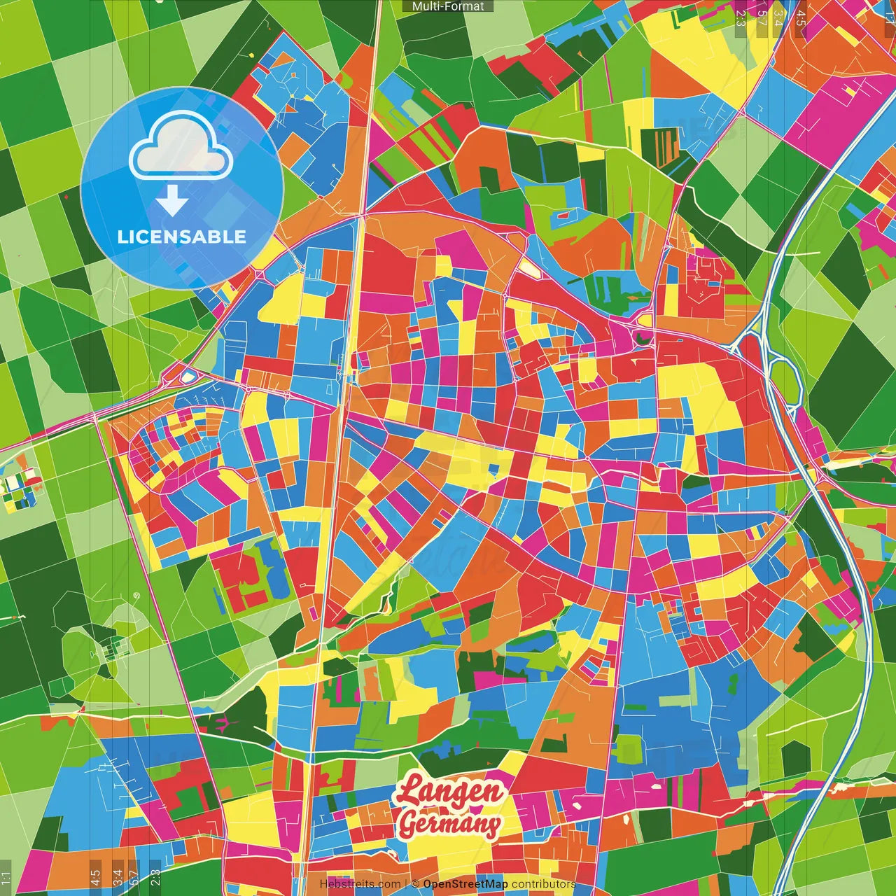 Langen, Hesse, Germany Crazy Colorful Street Map Poster Template