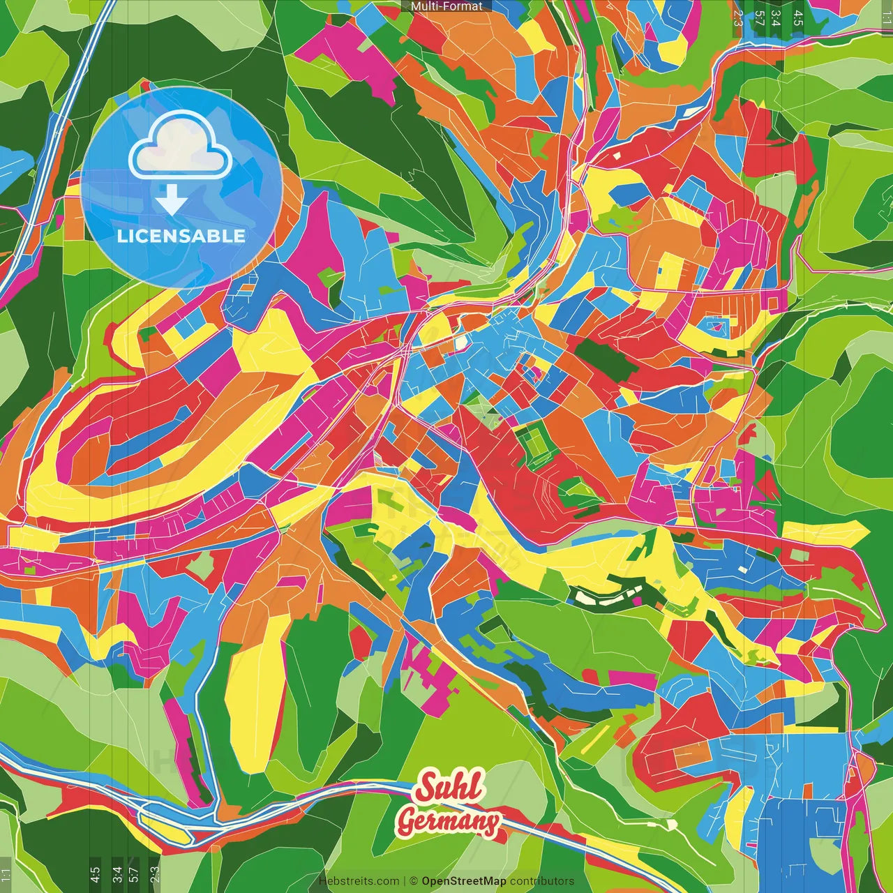 Suhl, Thuringia, Germany Crazy Colorful Street Map Poster Template