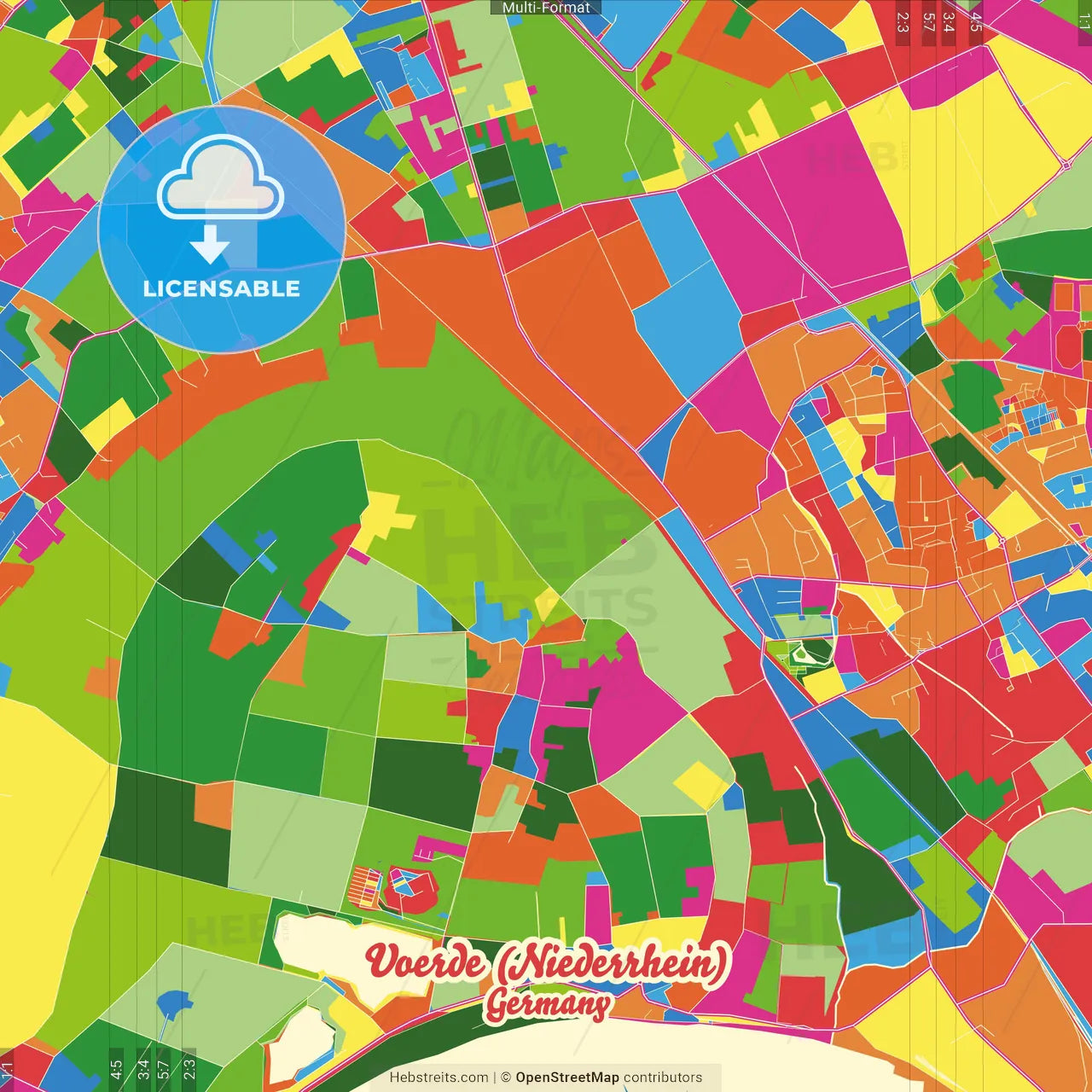 Voerde (Niederrhein), North Rhine-Westphalia, Germany Crazy Colorful Street Map Poster Template