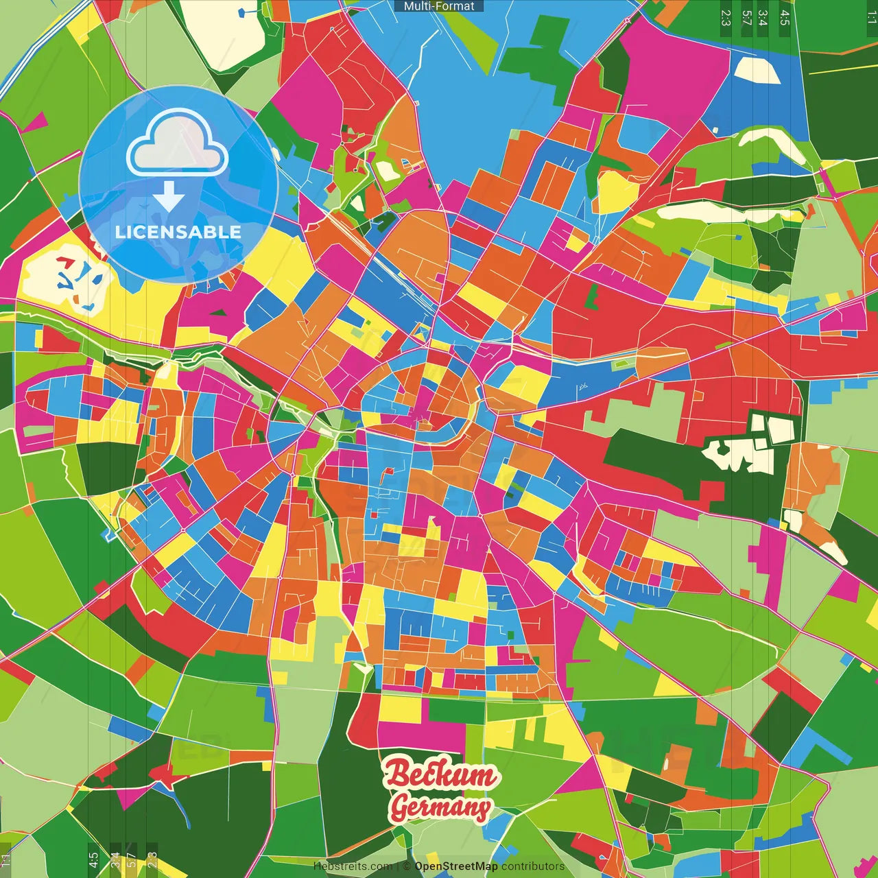 Beckum, North Rhine-Westphalia, Germany Crazy Colorful Street Map Poster Template