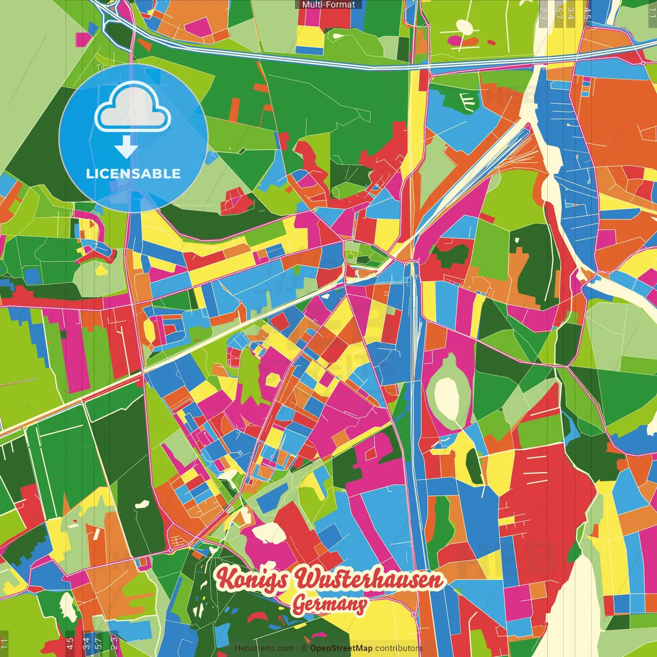 Konigs Wusterhausen, Brandenburg, Germany Crazy Colorful Street Map Poster Template